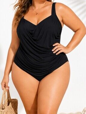 Jantzen NWT S28W Solid Black Tummy Control One Piece Wrap Style Layered Bthin St